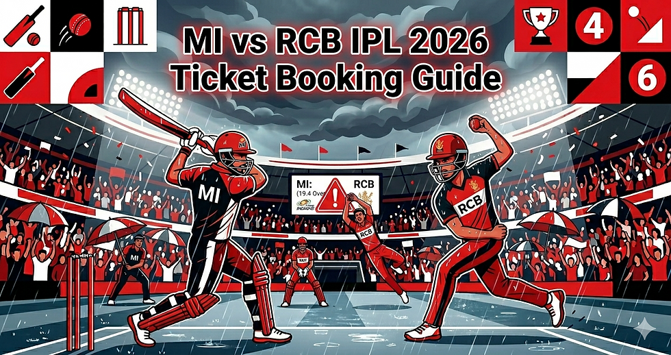 MI vs RCB IPL 2026 Ticket Booking Guide with cartoon cricket players in red, white and black theme