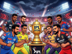 IPL 2026 winner predictions cartoon cricket players holding trophy red white black theme