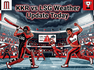KKR vs LSG Weather Update Today IPL 2026 rain forecast cartoon cricket stadium red white black theme