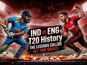 IND vs ENG T20 History cartoon cricket rivalry cover image in red white black theme
