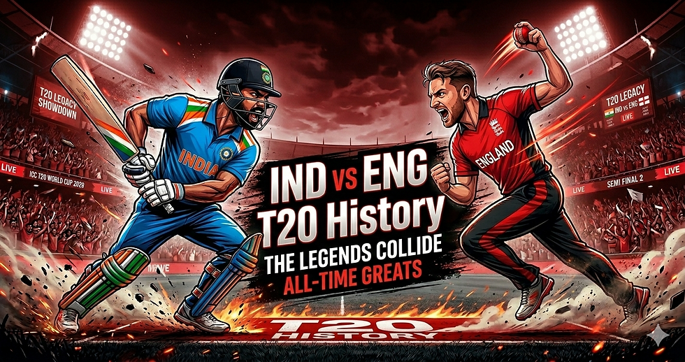 IND vs ENG T20 History cartoon cricket rivalry cover image in red white black theme