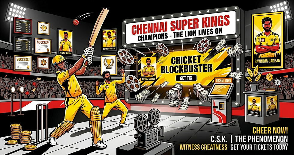 Chennai Super Kings IPL 2026 Squad players cartoon style cover image red white black theme