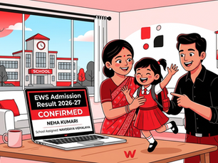 EWS Admission 2026-27 Result lottery school admission illustration with parents and child