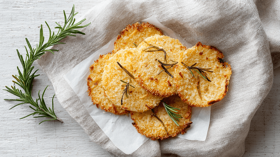 Parmezaanse kaascrackers met rozemarijn op bakpapier – krokante koolhydraatarme snack