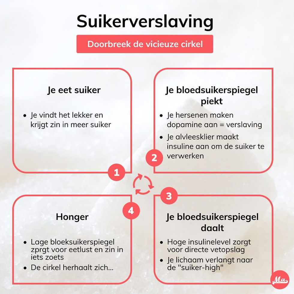 Doorbreek deze cirkel. Eet 4 weken suikervrij met het 28 Dagen Koolhydraatarm Programma. Claim dan je slanke & gezonde lichaam.