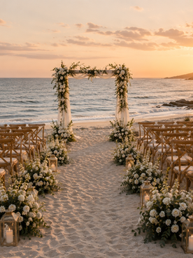 Vielsesområde på stranden med blomsterbue, dekorert midtgang og stoler vendt mot havet.