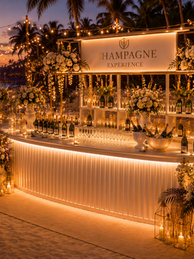 Eksklusiv champagnebar med blomsterdekorasjoner, levende lys og elegant servering ved stranden.