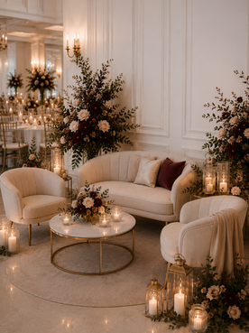 Loungeområde med lyse sofaer, blomsterdekorasjoner og stemningsfull belysning i Nordic Romance Classic.