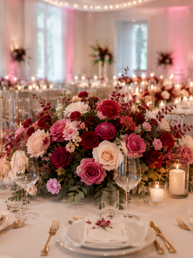 Nærbilde av stor blomsterdekorasjon med rosa, røde og hvite blomster på et elegant dekket bryllupsbord.