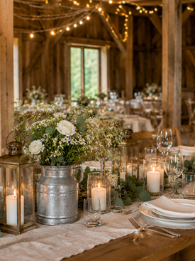 Langbord pyntet med hvite blomster, melkespann og levende lys i Rustic Charm Signature.