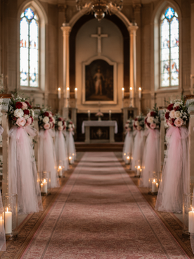 Kirke dekorert med blomster, levende lys og draperte tekstiler langs midtgangen før vielsen.