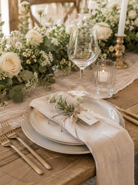 Rustikk borddekking med hvite blomster, lintøy og elegante detaljer til et romantisk låvebryllup.
