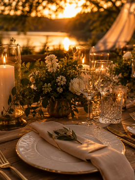 Elegant borddekking med levende lys, blomsterdekorasjoner og servise til et romantisk hagebryllup.
