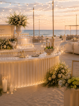 Stor champagnestasjon med blomsterdekorasjoner, levende lys og utsikt over stranden i Coastal Dreams Prestige.