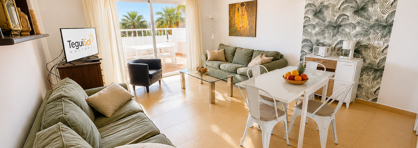 Private sunset terrace at Luz de Teguise apartment in the Teguisol complex, Costa Teguise, Lanzarote.