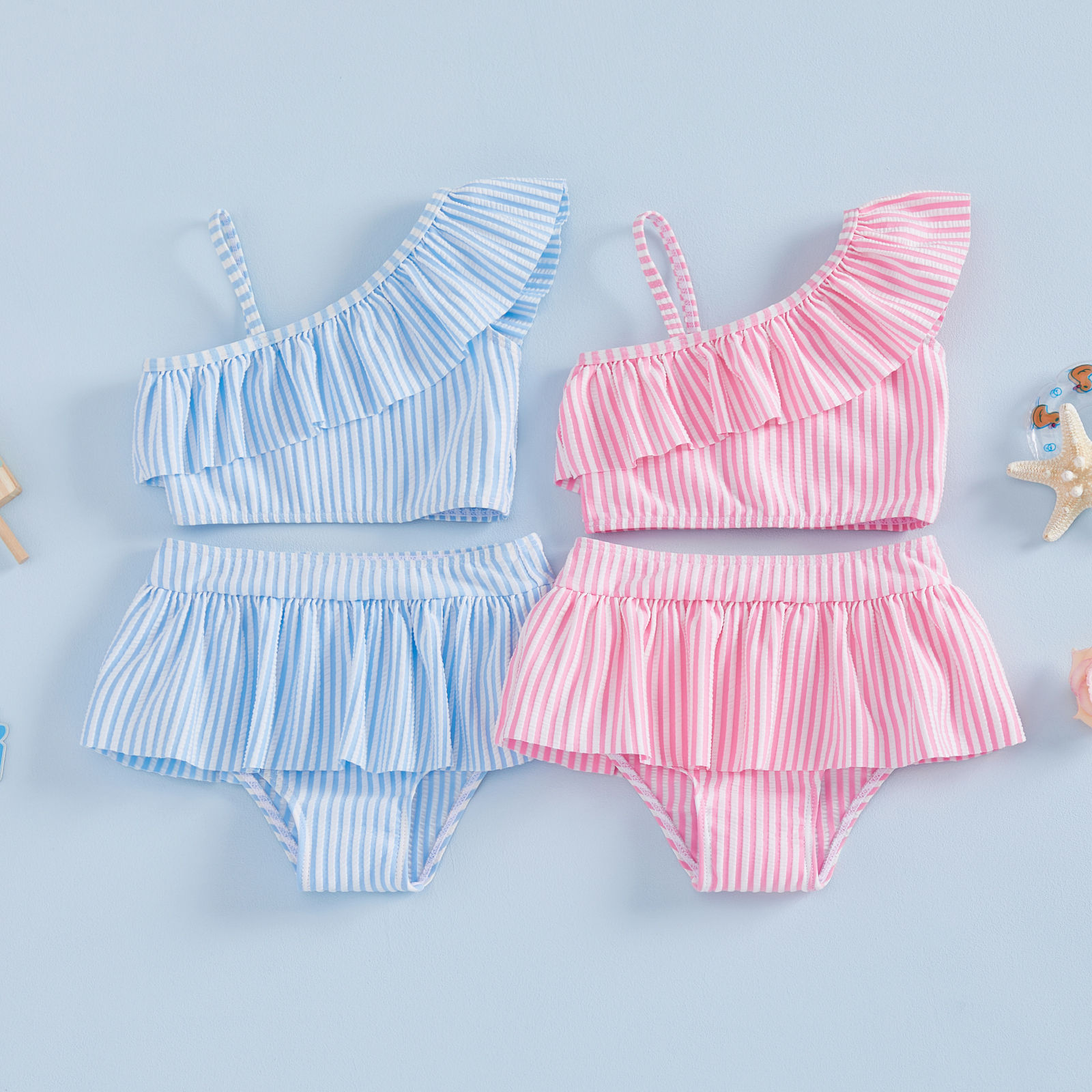  1-5Y Toddler Girls 2pcs Bikini Sets Kids Striped One Shoulder Asymmetric Swi