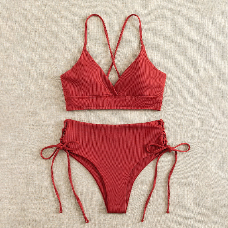 Cikini-V-Neck Split Bikini Set for Women, Sexy Swimsuit, Lace Up, Triangular Bik