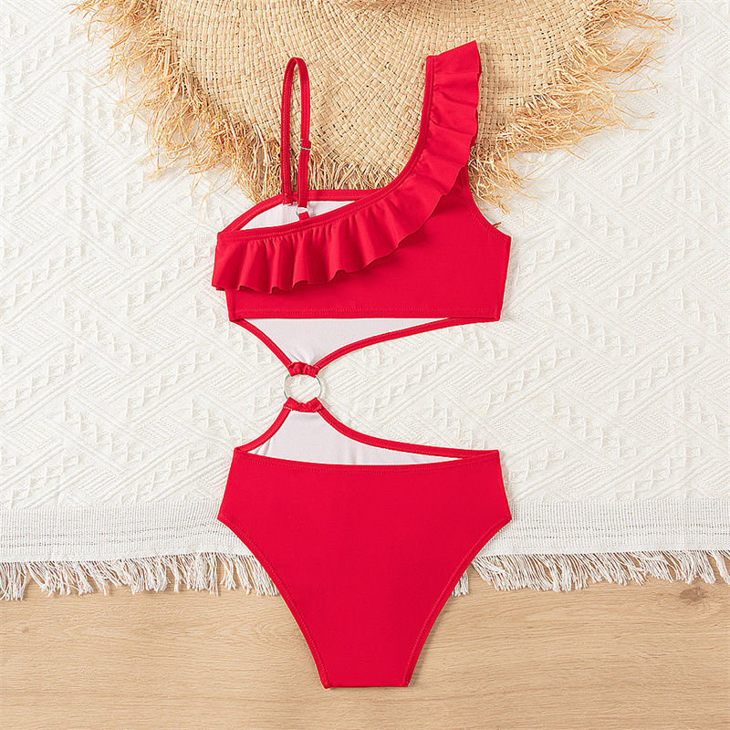 Bikini Girls Kids Swimsuits One Shoulder Ruffles Swimwear Solid Color Backless B