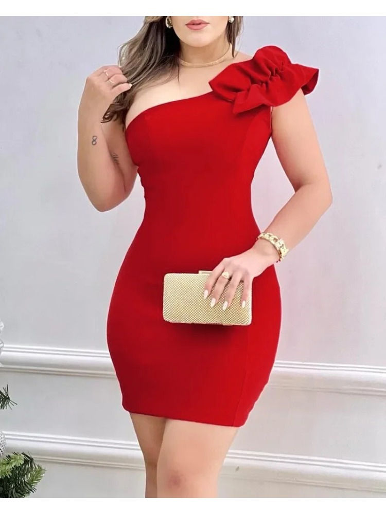 Sexy Mini Dress Women 2025 Summer New Fashion One Shoulder Ruffle Hem Bodycon Dr