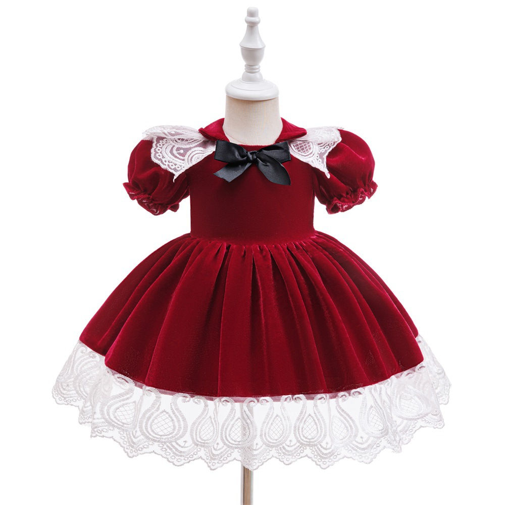 Elegant Kids Christmas Dress Children Red Lace Bow Princess Dress For Baby Girls