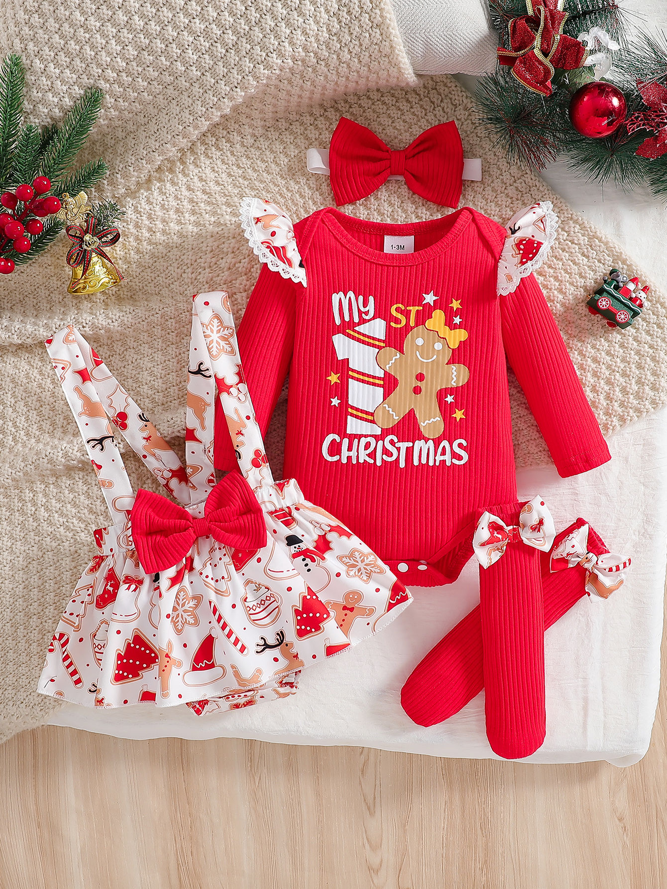 Baby girl cute Christmas costume round neck ruffled long sleeved jumpsuit and su