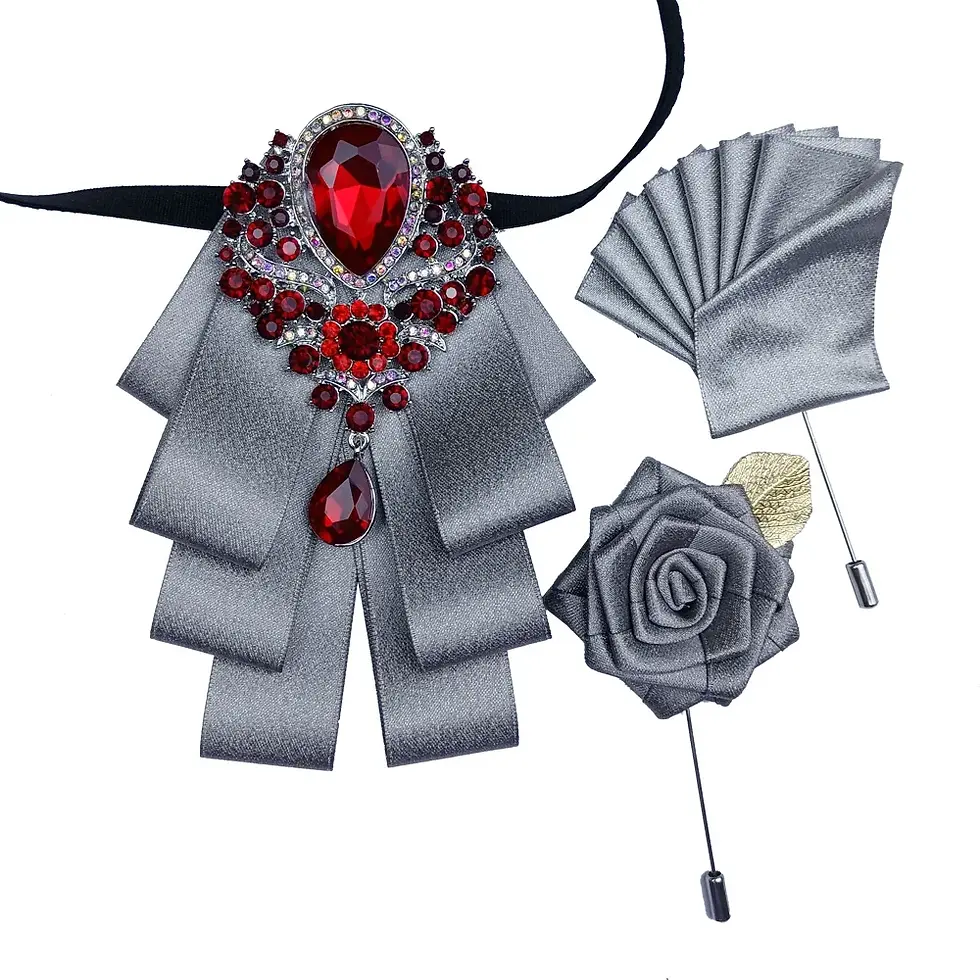 Thumbnail: 3pcs/Set British Men's Wedding Bow Tie Set, Rhinestone Corsage Pocket Square, El
