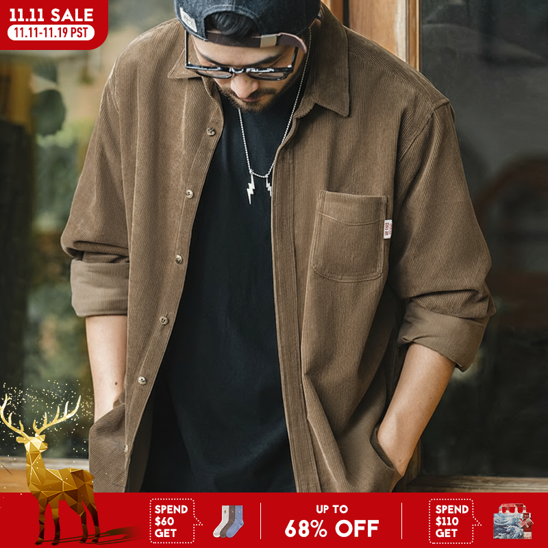 Maden Men's Shirt Casual Corduroy Long Sleeve Shirts Slim Fit Overcoat Spring Fl