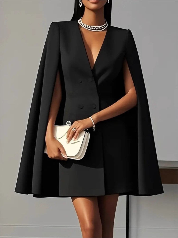 Thumbnail: Elegant Double-breasted Shawl Cape Solid Color Suit Dress For Women In Autumn Fa