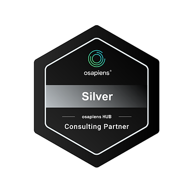 Silbernes Abzeichen mit dem Logo und Schriftzug ‚osapiens®‘, der Bezeichnung ‚Silver‘ sowie den Worten ‚osapiens HUB Consulting Partner‘.