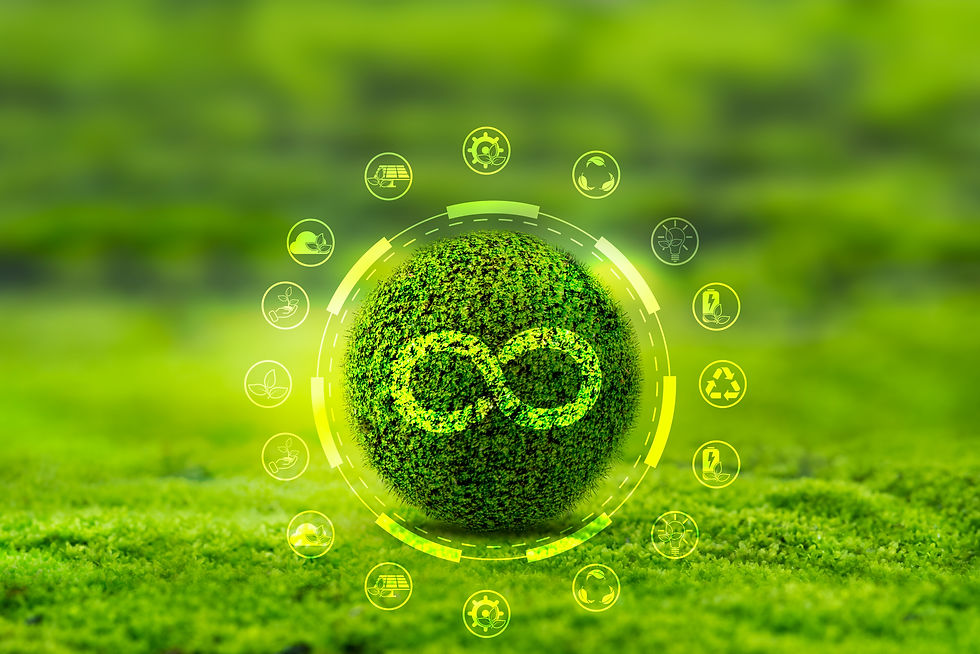 Grüne Kugel mit Unendlichkeitssymbol aus Moos, umgeben von kreisförmigen Icons zu Nachhaltigkeit und Umwelt, vor unscharfem grünen Hintergrund.