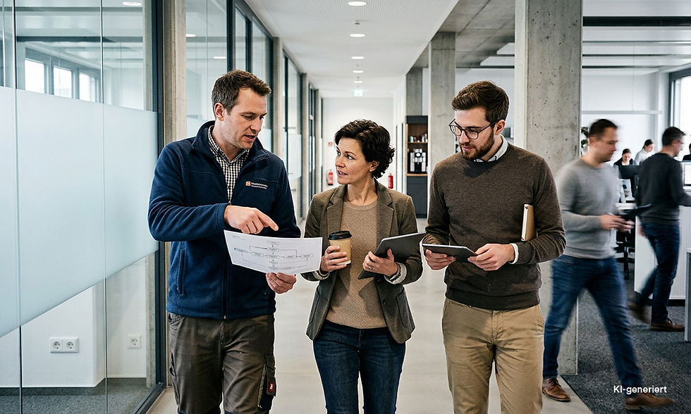 Mitarbeitende besprechen während eines Rundgangs in einem modernen Unternehmensgebäude Prozessabläufe und Managementthemen.