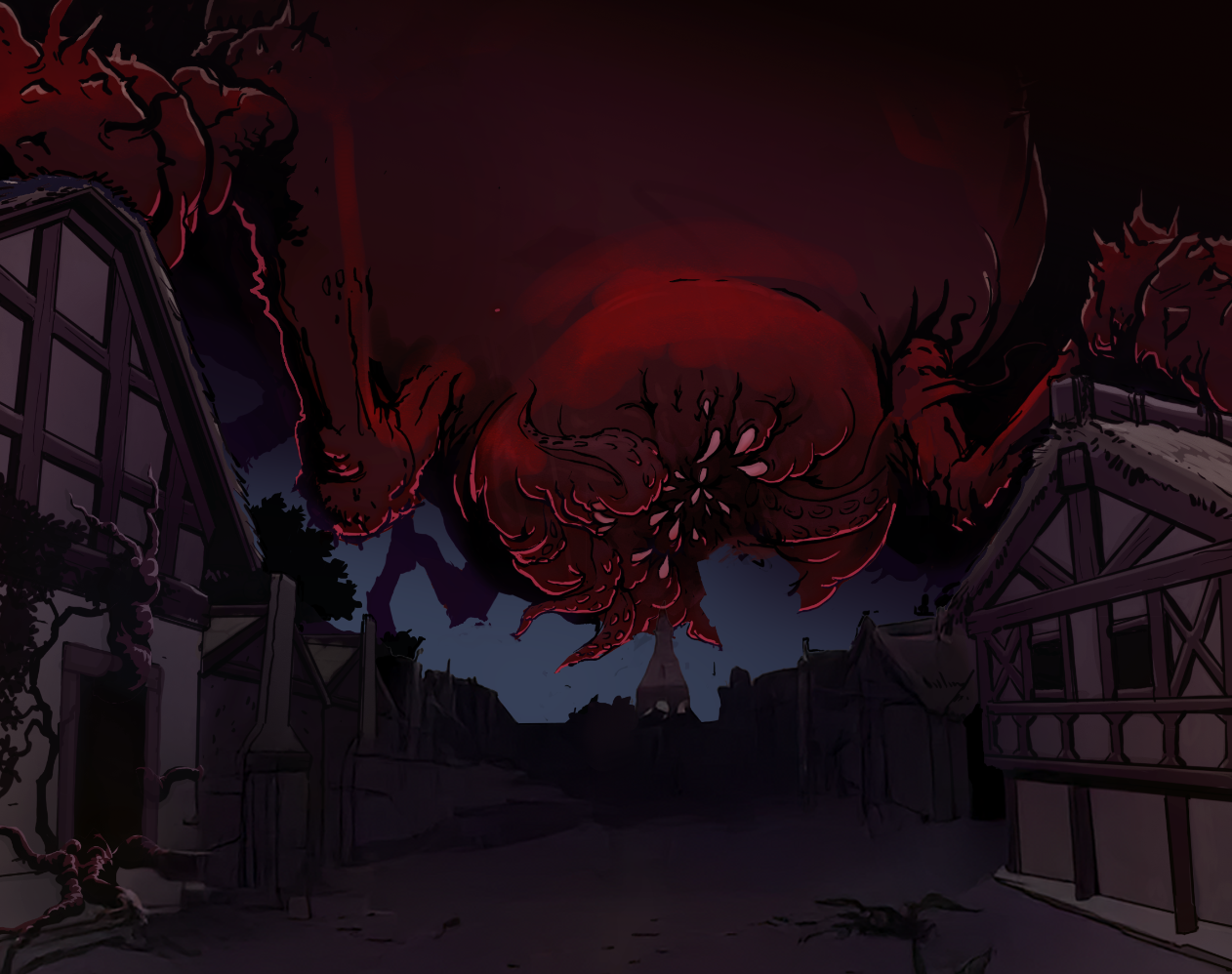 Village backdrop with a monster looming