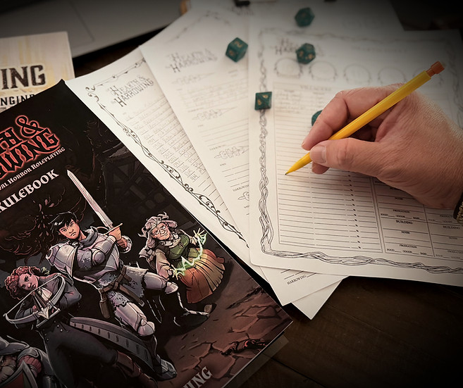 Picture of a hand writing on a character sheet, some RPG books, and dice.