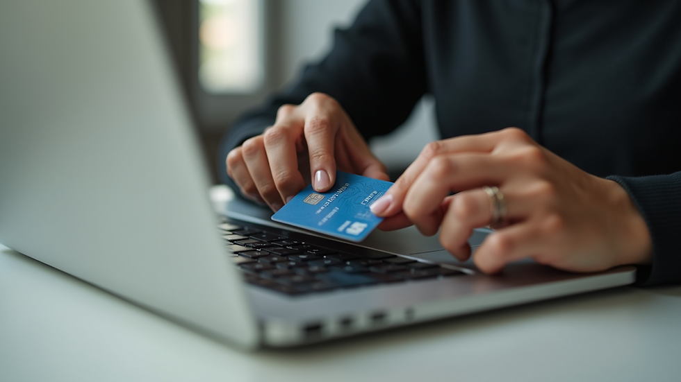 Plano médio de uma mão segurando um cartão de crédito em frente a um laptop