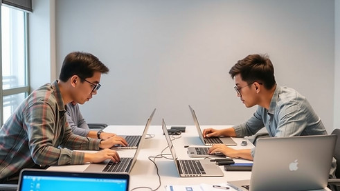 a team of four Asian web developers working on a conference table, with laptops.jpg