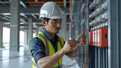 an asian technician doing the wiring for a fire detection and alarm system in a modern and