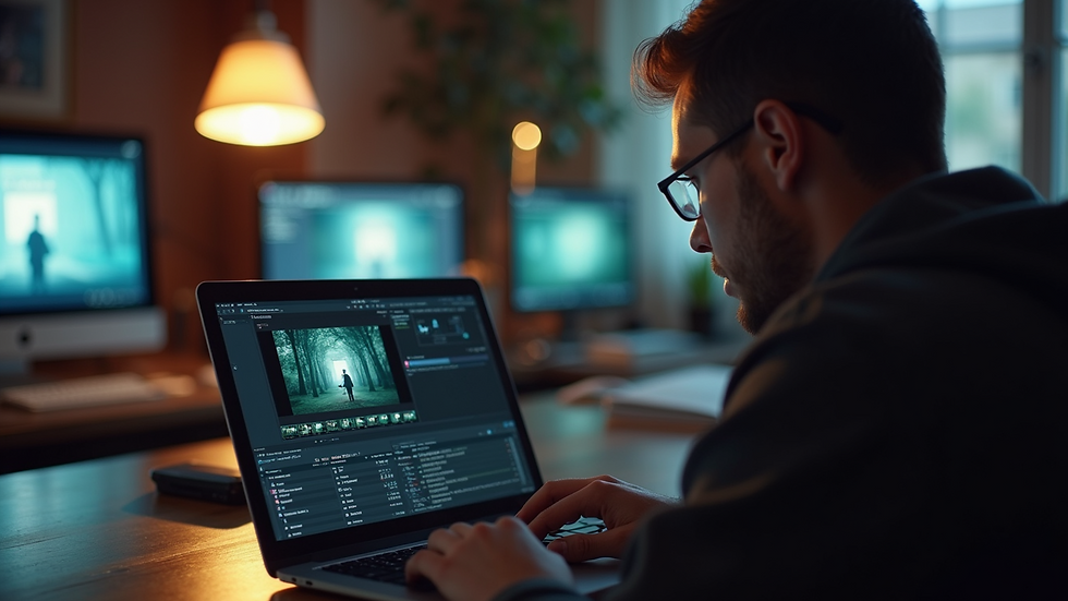 Close-up view of a filmmaker reviewing footage on a laptop