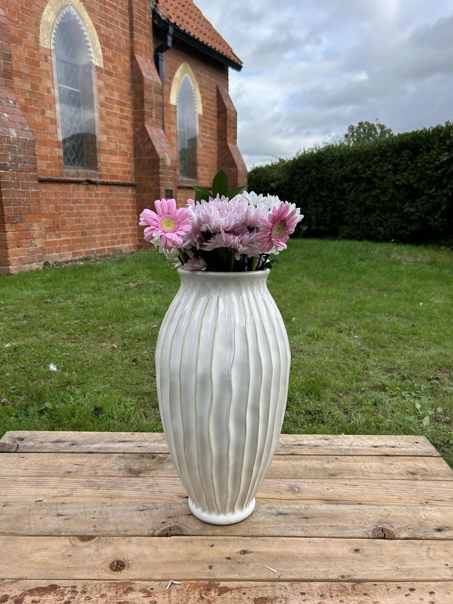 Large White Ribbed Vase