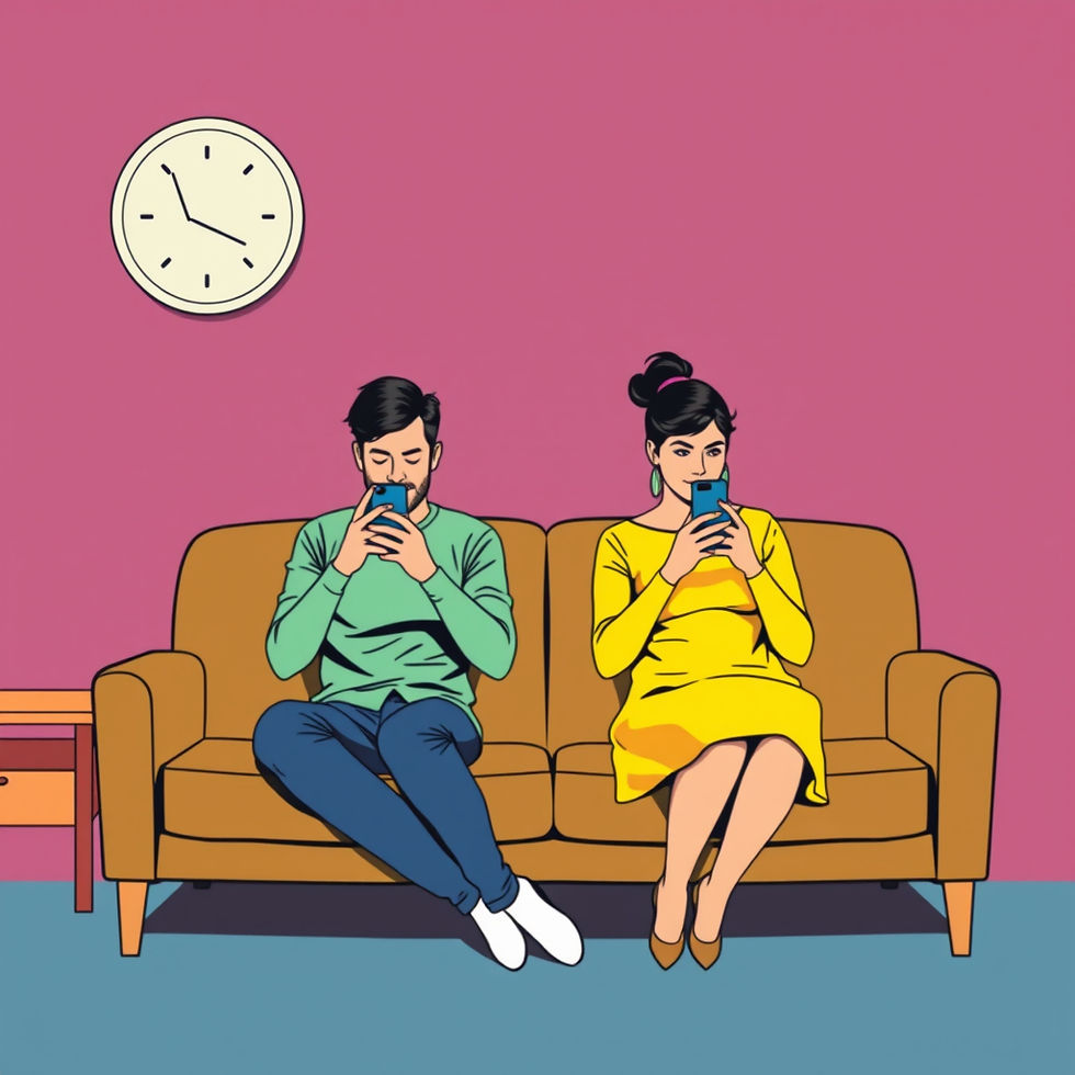 Two people sit on a brown sofa, engrossed in their phones, suggesting they are avoiding uncomfortable confrontation. The man wears a green shirt, the woman a yellow dress. A clock on a pink wall.