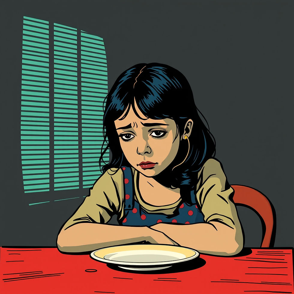 Stella Dove, trauma-informed Inner Child Healer, shares an illustrated image of a young girl sitting in front of an empty plate, looking sad and unseen — symbolising how the Mother Wound shapes appetite, emotional eating, functional freeze, and the inner child’s search for safety through food.