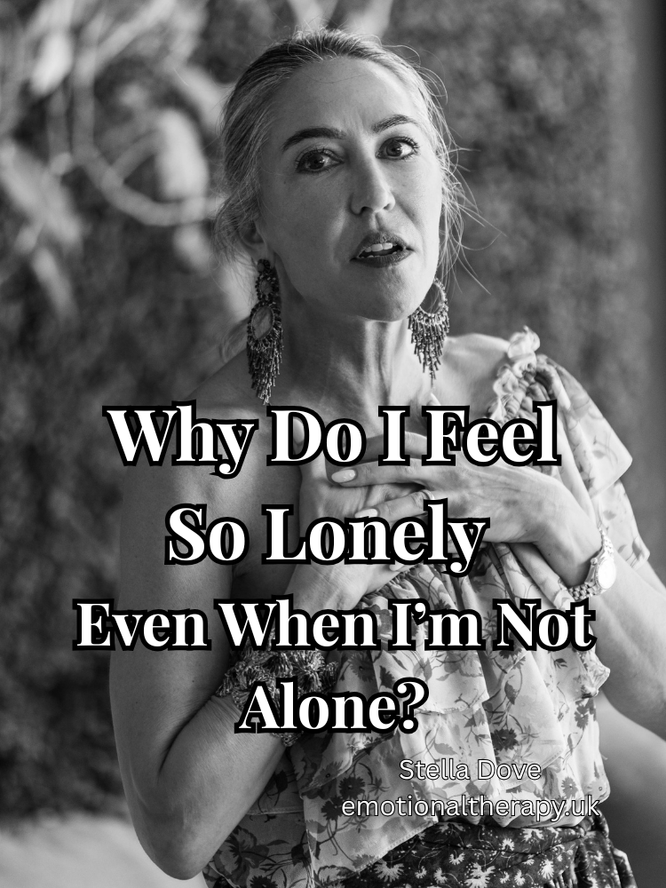 A woman with a contemplative expression holds her chest. Black and white text reads "Why Do I Feel So Lonely Even When I'm Not Alone?"