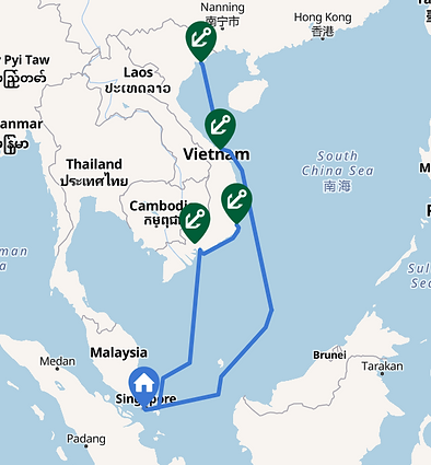 Map showing route for a cruise from Singapore to Vietnam