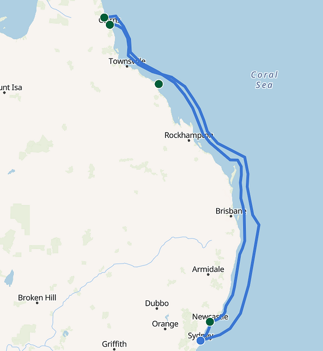 Map of East Coast of Australia  with route for cruise from Sydney