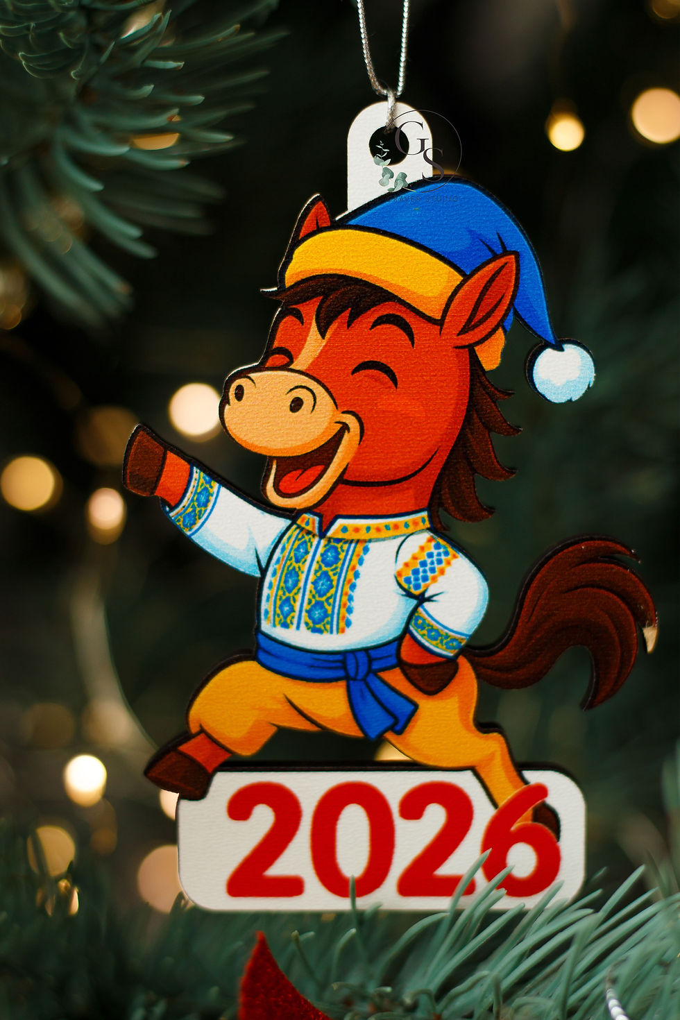 Новорічна дерев'яна ялинкова іграшка "Коник в вишиванці"