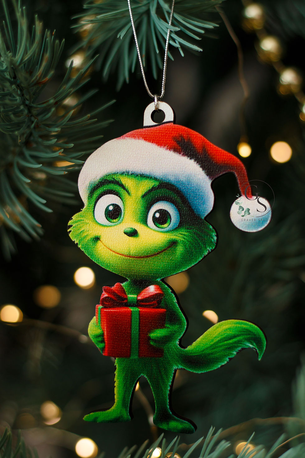 Новорічна дерев'яна ялинкова іграшка "Грінч з подарунком" 3