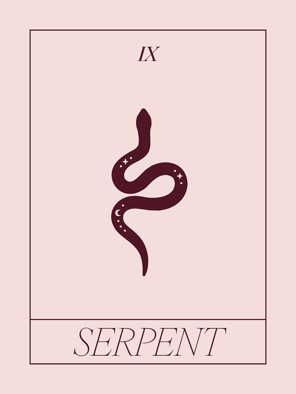 Serpent tarot card illustration, card IX, dusty rose and burgundy