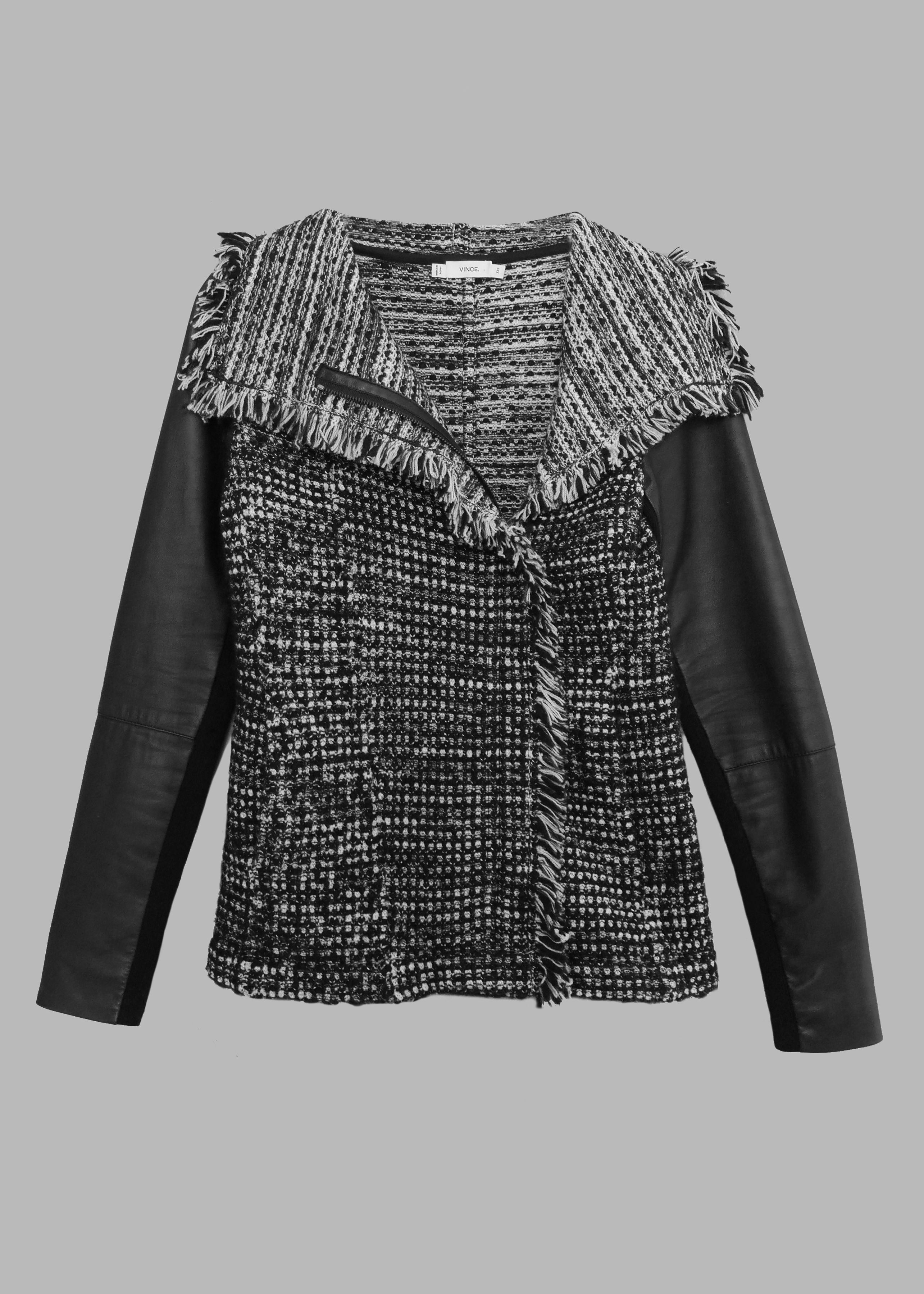 Vince Wool Boucle Leather Sleeve Jacket | XXS