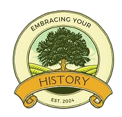Embracing Your History genealogy logo featuring a large tree in a circular emblem with a landscape background, and text reading “Embracing Your History” and “History, Est. 2024.”