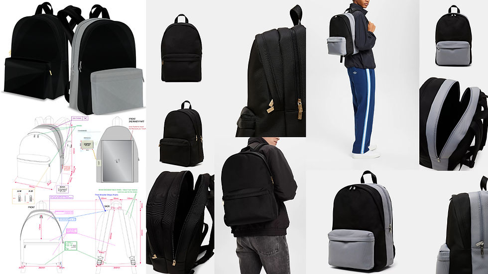 Thumbnail: ESPRIT black and grey nylon backpack designed by Bastien Carsana, with a minimalist design, gold zippers and a front pocket.