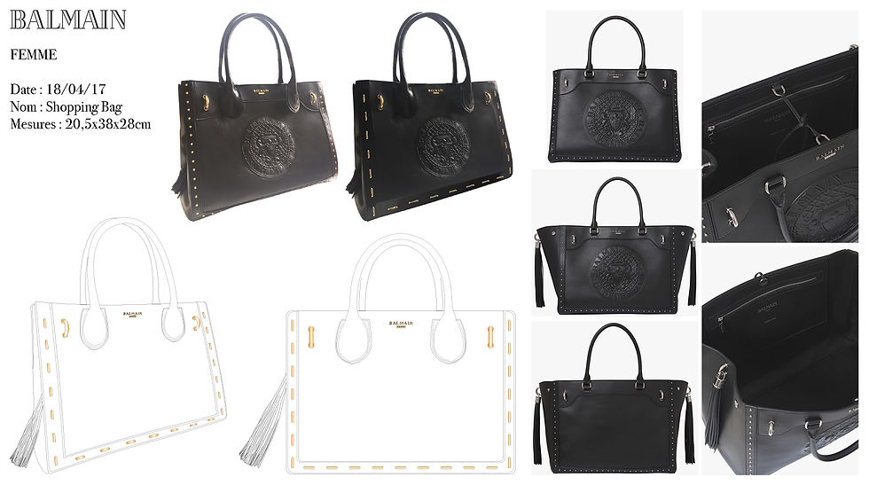 Thumbnail: Black Calfskin Leather Embossed Emblem Balmain Shopping Bag drawings with Silver Metallic Studs created by Bastien Carsana